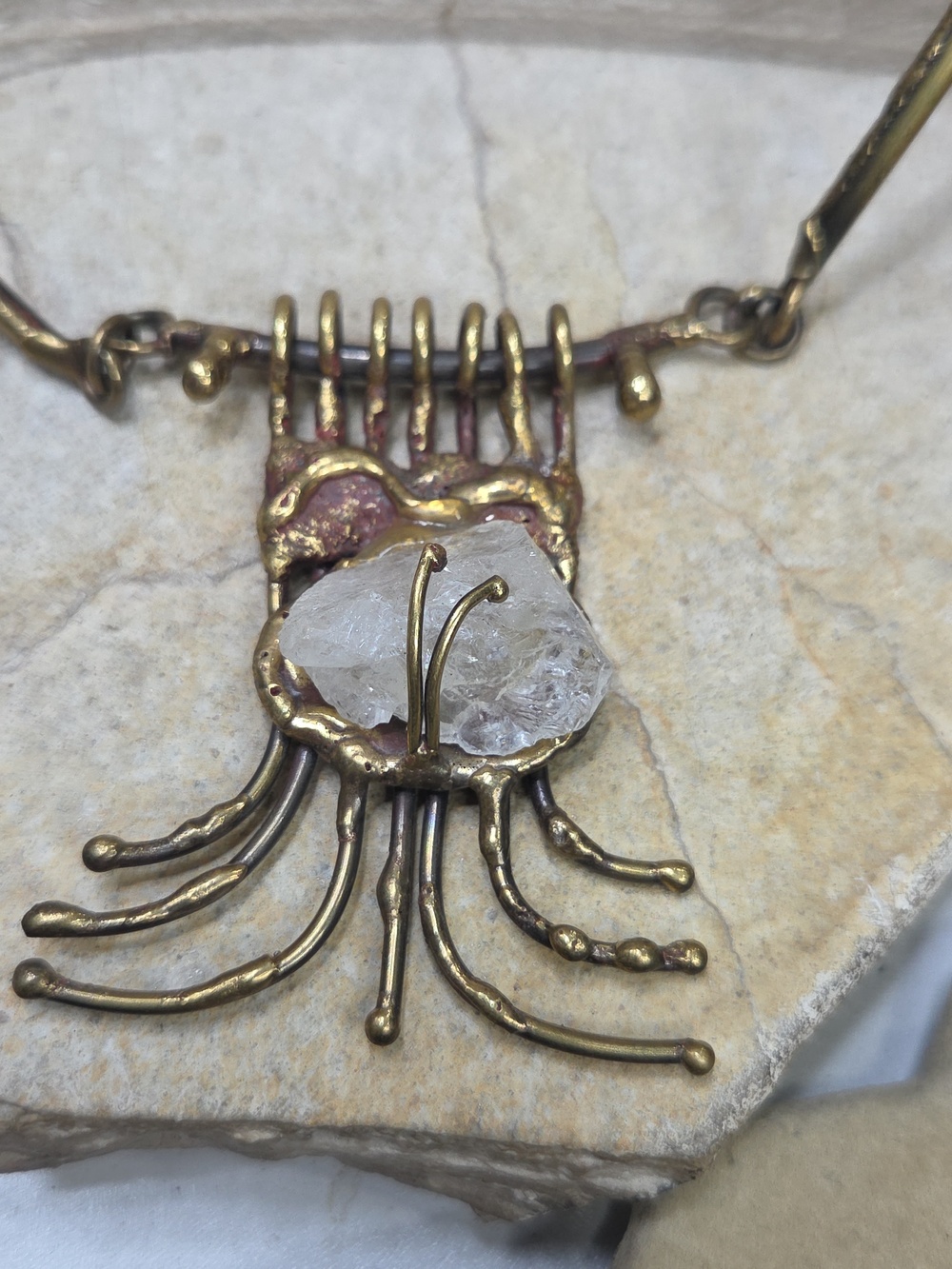 Brutalist Artisan Handmade Statement Necklace with Clear Raw Crystal Pendant - Picture 9 of 9